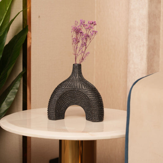 Modern Textured Speckle-Glazed Black Arch Vase