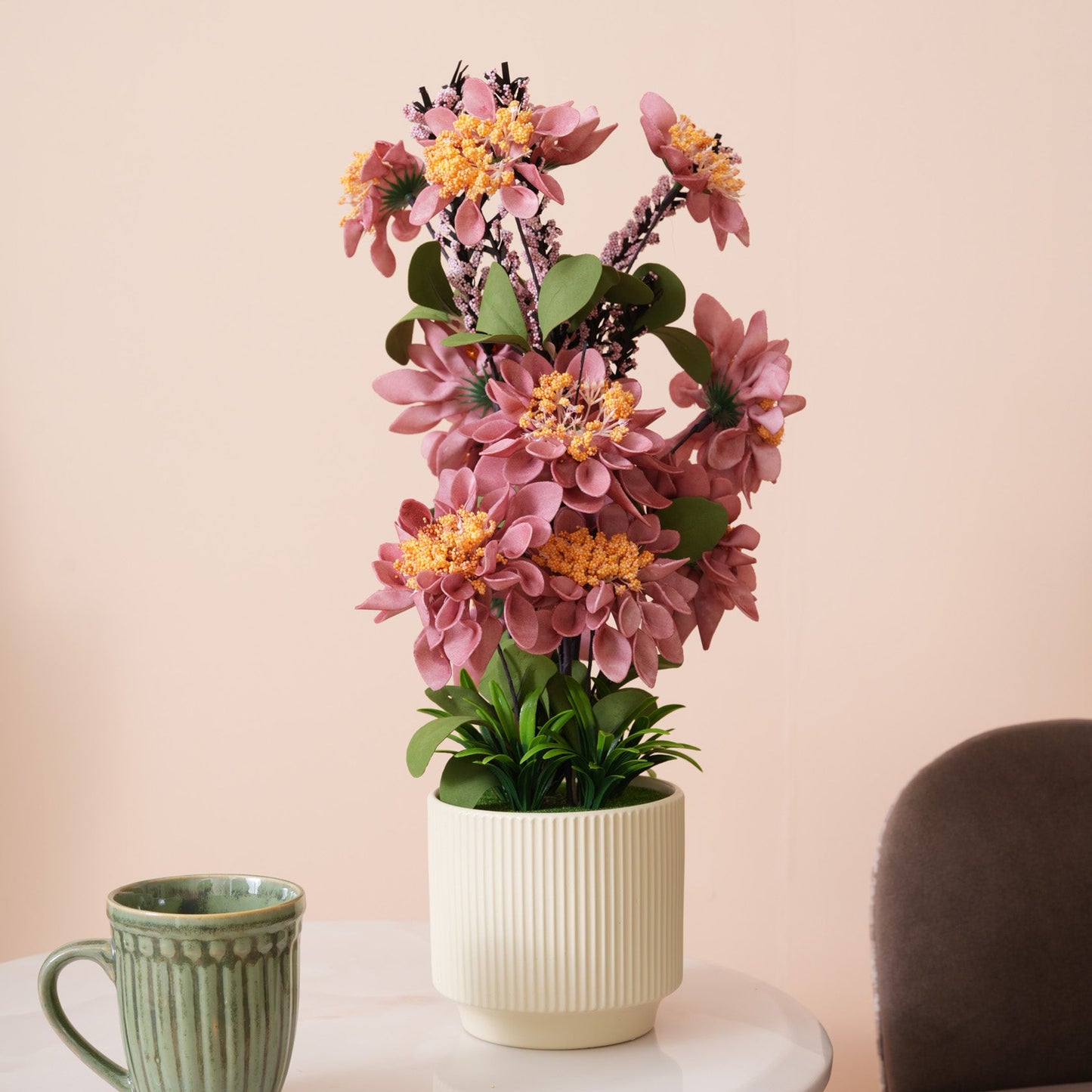 Artificial Pink Dahlias Flowers With Ceramic Pot