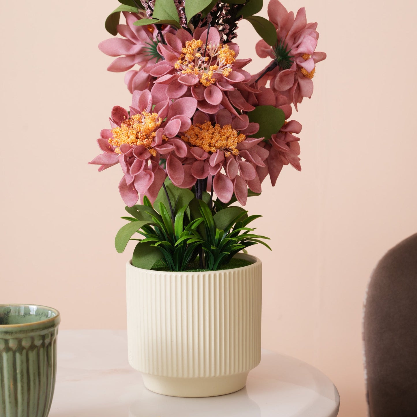 Artificial Pink Dahlias Flowers With Ceramic Pot