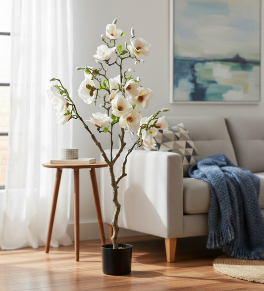 Artificial White Magnolia Tree with Realistic Blooms