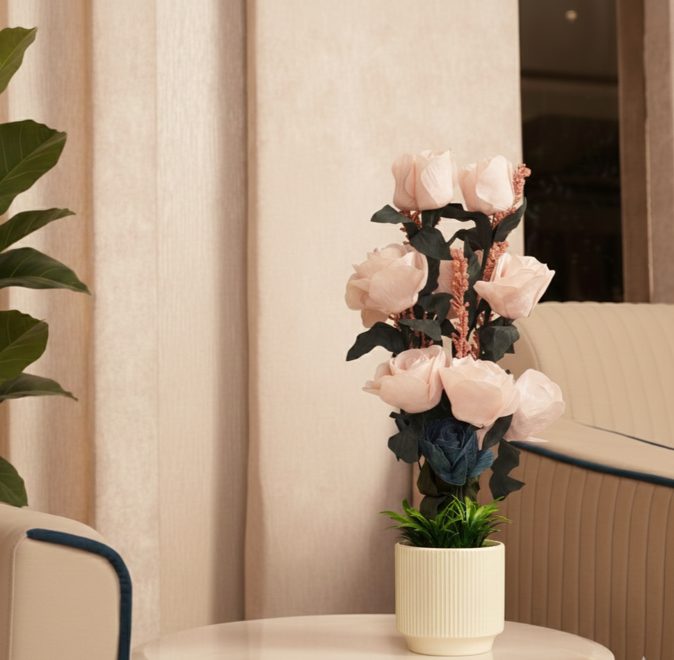 Artificial White Roses With Ceramic Pot